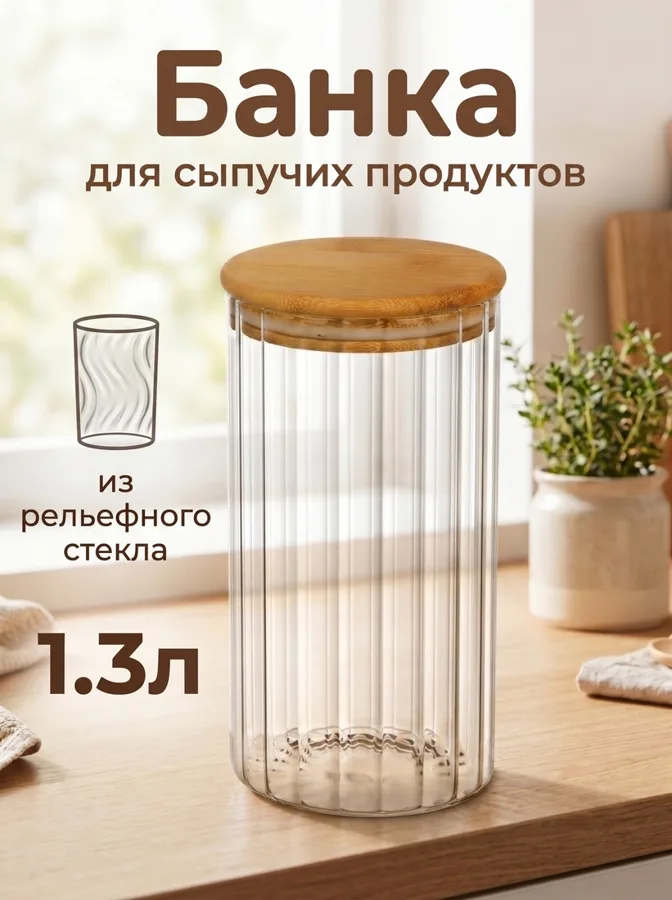 Банка для продуктов Leonord Аромат Ривьеры, рельефное стекло, бамбуковая крышка, 1.3л