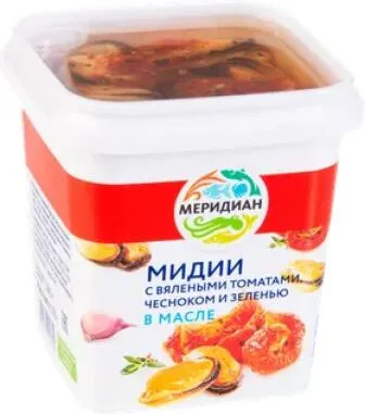 Мидии Меридиан с вял томат,чеснок,зелен 270г в масле