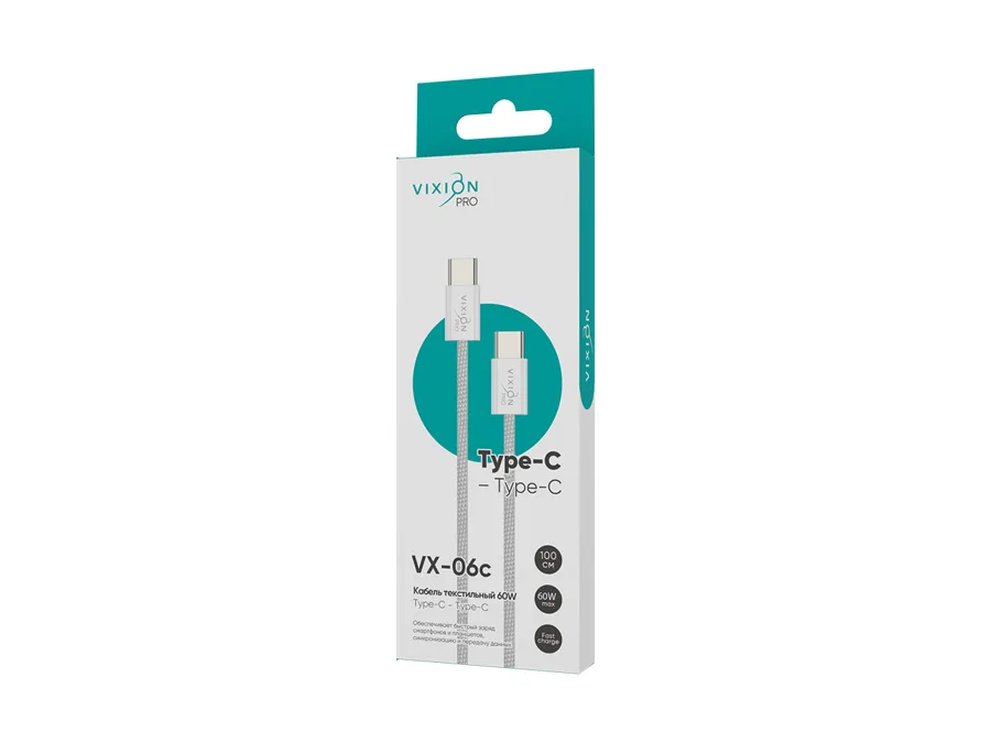 Кабель VIXION PRO 1м TypeC-TypeC 60W текстильный белый