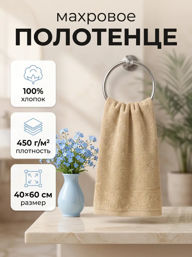 Полотенце махровое F&H Велюр, 40х60 см, бежевый