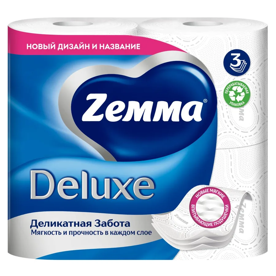 Туалетная бумага ZEMMA Deluxe Деликатная Забота, белая, 3 слоя, 4 рулона