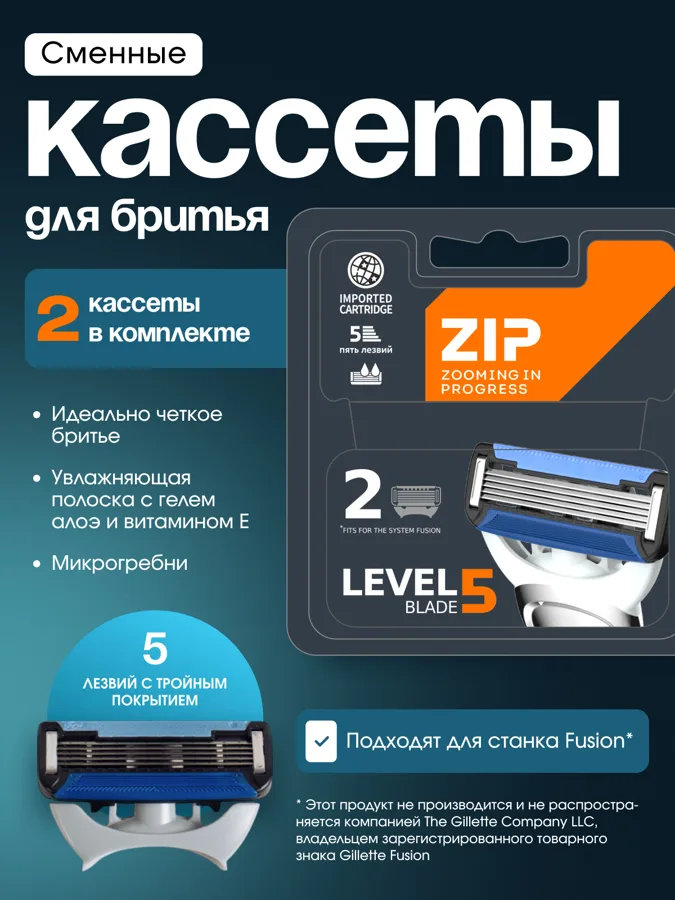 Кассеты сменные для бритвенного станка Zip Level, 5 лезвий, 2шт
