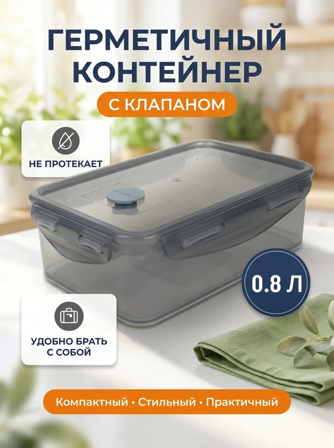 Контейнер герметичный Container, с крышкой и клапаном, 0.8 л, серый