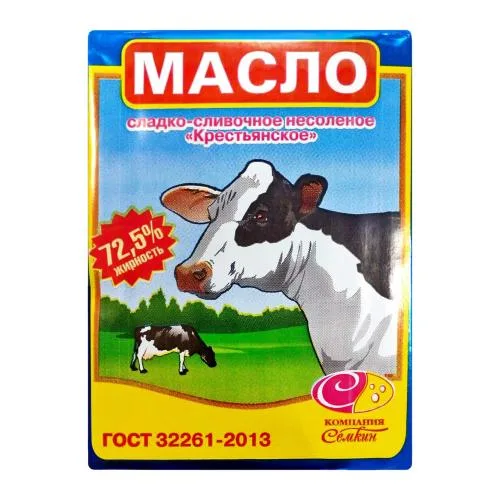 Масло сладко-сливочное Семкин Крестьянское несоленое 72.5% 180г