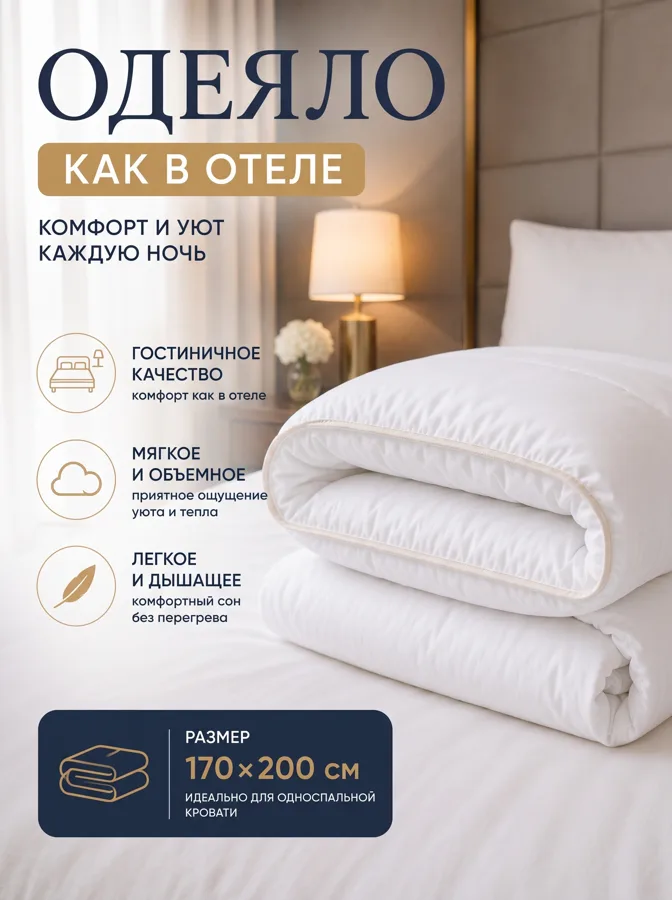 Одеяло Как в отеле, 2-спальное, всесезонное, 170х200 см, белое с кантом