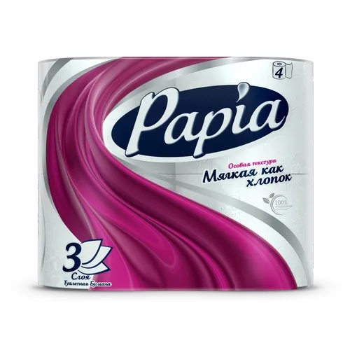 Туалетная бумага Hayat Papia, 3 слоя, 4 рулона, белая