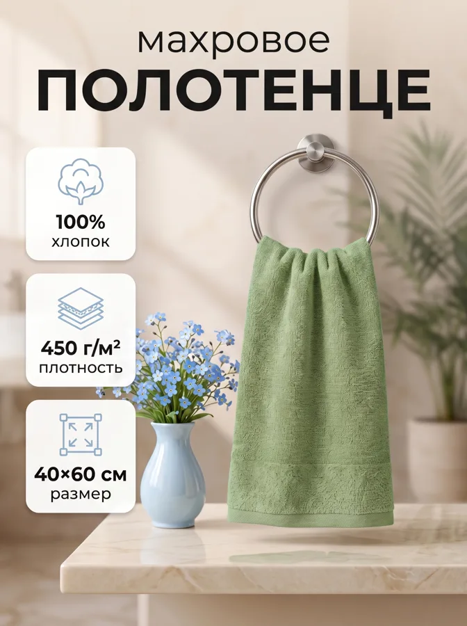 Полотенце махровое F&H Велюр, 40х60 см, оливка