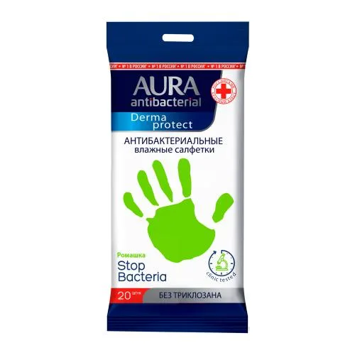 Влажные салфетки Aura Antibacterial Derma Protec Антибактериальные 20шт