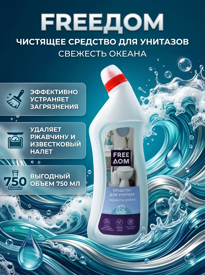 Чистящее средство для унитазов FreeДом Свежесть океана, 750мл