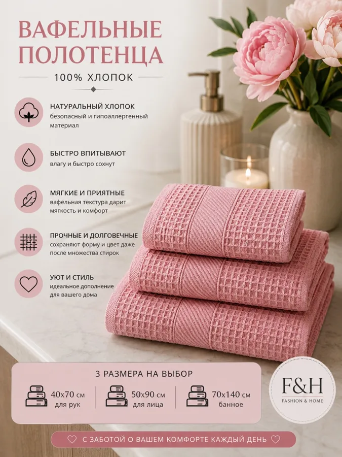 Полотенце F&H Вафля, 70х140 см, розовый