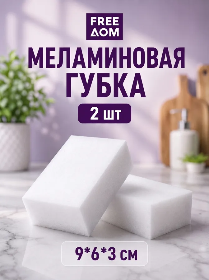 Губка для посуды FreeДом, меламиновая, 9x6x3см, 2шт