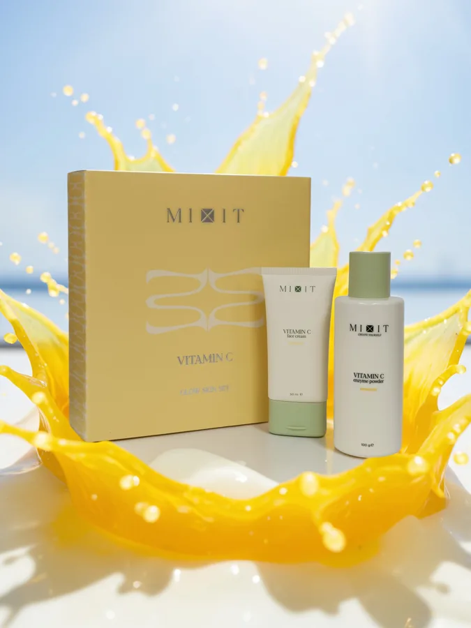 Набор подарочный женский Mixit Vitamin C Glow Skin Set: энзимая пудра с витамином С 100 г, крем с витамином С 50 мл