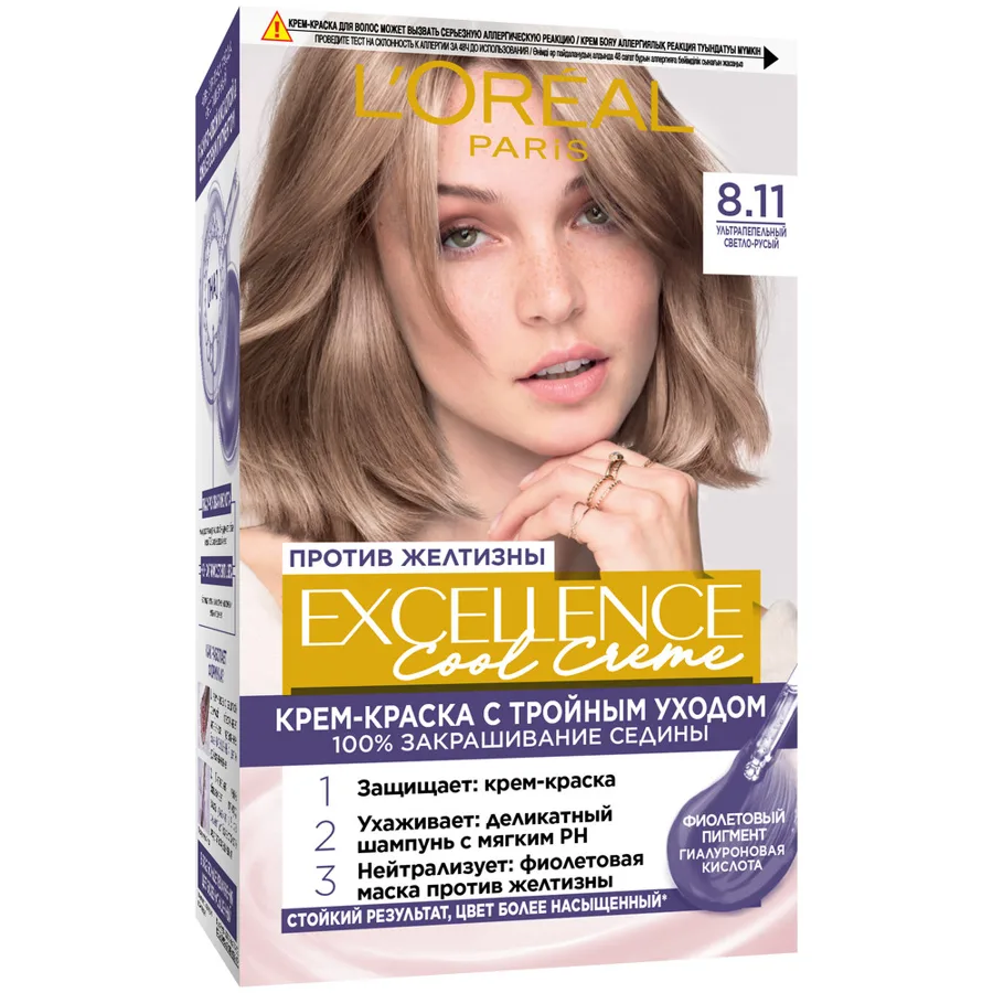 L'Oreal Paris Стойкая крем-краска для волос Excellence Cool Creme, оттенок 8.11, Ультрапепельный, Светло-Русый