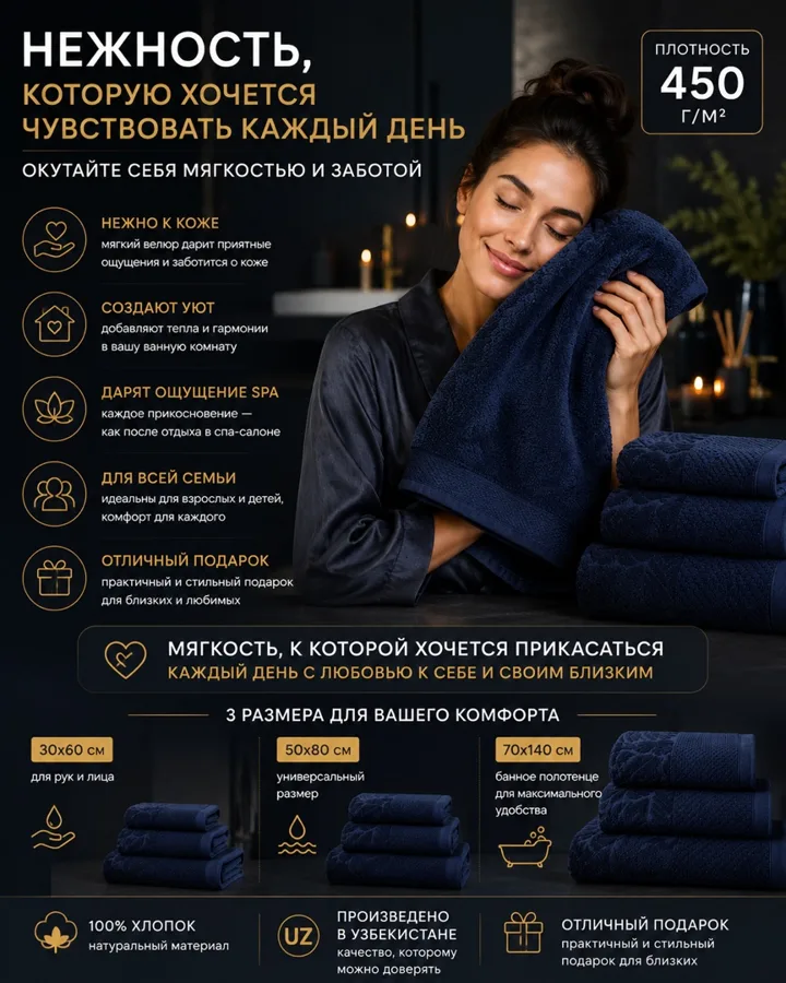 Полотенце махровое F&H Велюр, 30х60см, темно-синий