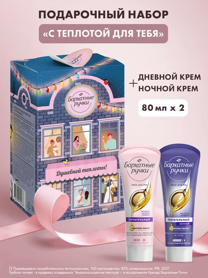 Набор подарочный женский Бархатные Ручки С теплотой для тебя: крем дневной 80мл, крем ночной 80мл, в ассортименте