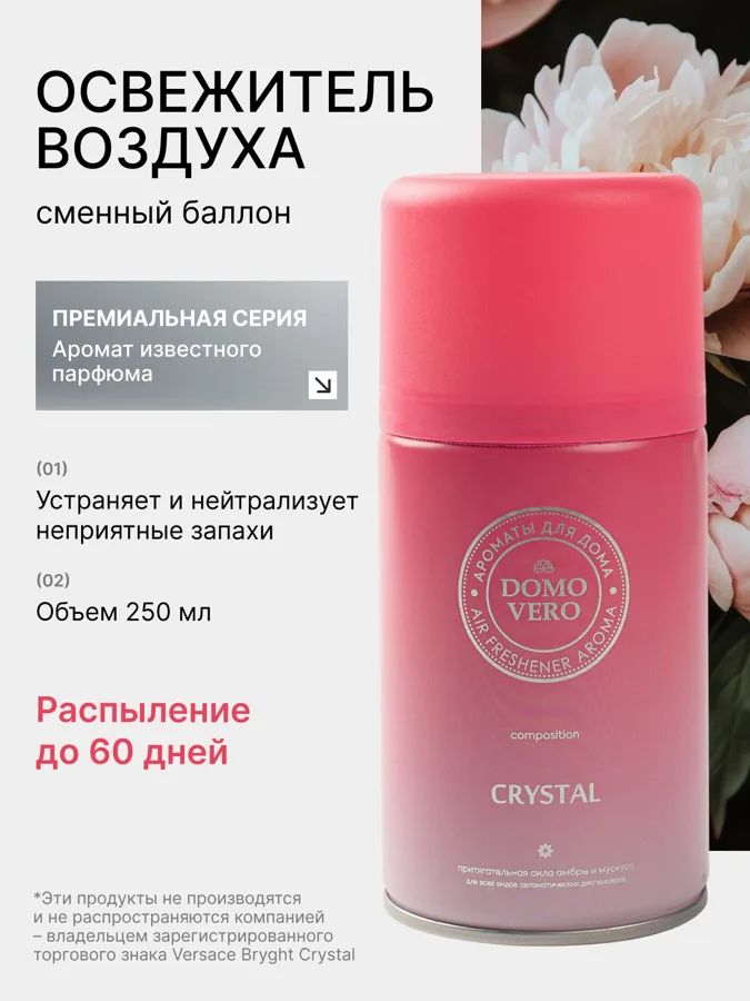 Сменный блок для автоматического освежителя воздуха Domovero Кристалл (Crystal), парфюмированный, 250мл