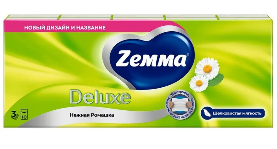 Носовые платочки ZEMMA Deluxe Нежная Ромашка, бумажные, трехслойные, 10шт