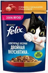 Корм для кошек ФЕЛИКС Двойная вкуснятина с говядиной и домашней птицей в желе 75г