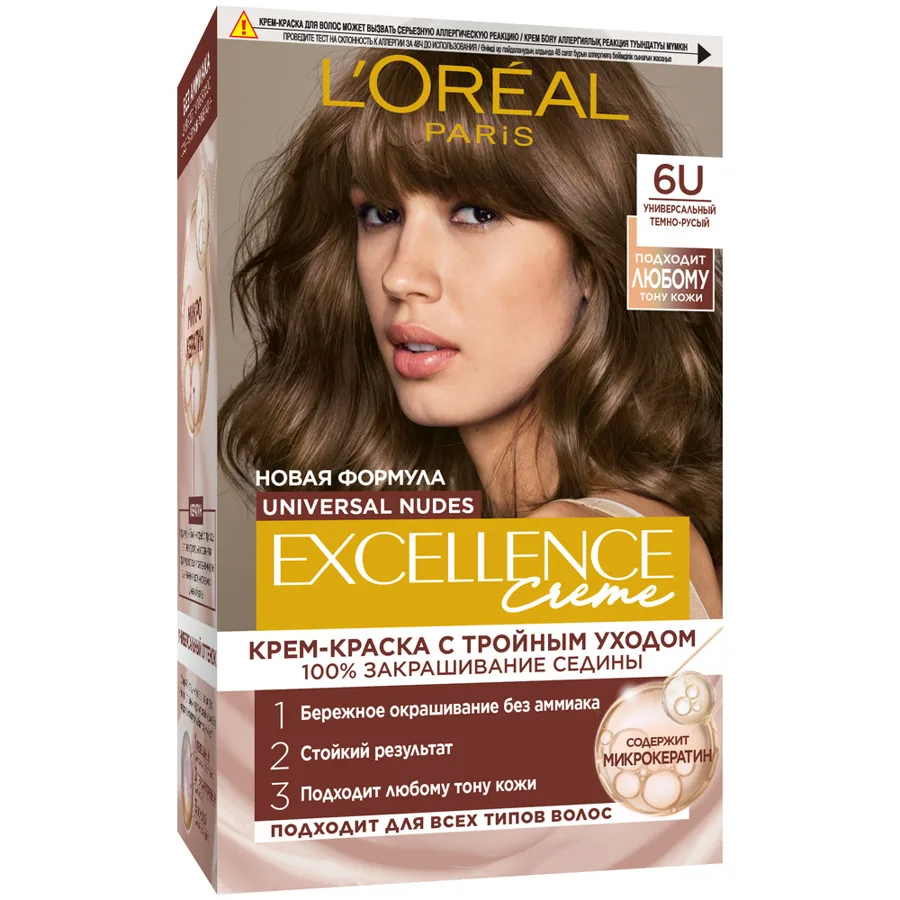 Крем-краска для волос L'Oreal Paris Превосходный Нюд (Excellence Nudes), стойкая, без аммиака, тон: 6U универсальный тем