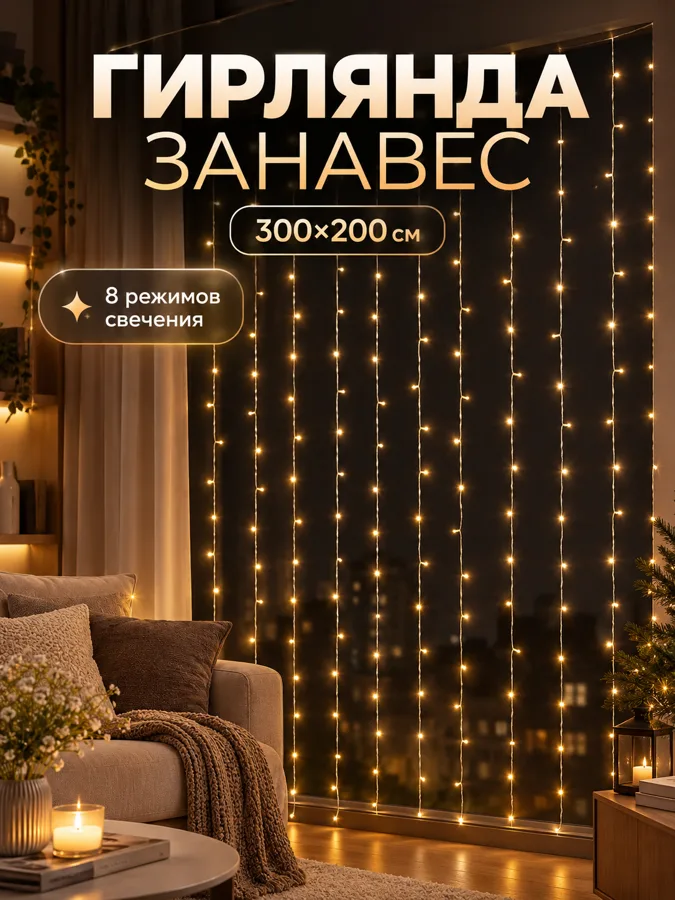 Электрогирлянда Занавес LED, 3x2м, 144 лампы, 220В, 8.64Вт, 0.039А, теплый белый