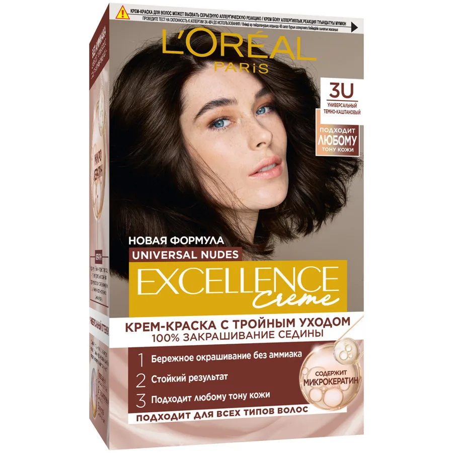 Крем-краска для волос L'Oreal Paris Превосходный Нюд (Excellence Nudes), стойкая, без аммиака, тон: 3U универсальный тем