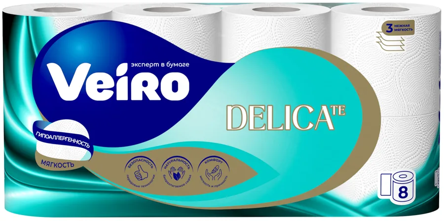 Туалетная бумага VEIRO Delicate 3 слоя 8 рулонов
