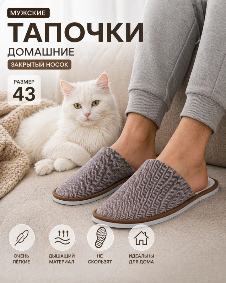 Тапки мужские домашние Рябь, закрытые, 43-44
