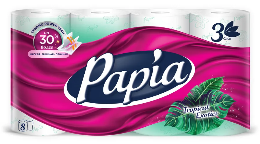 Туалетная бумага PAPIA 3слоя 8 рулонов тропическая экзотика