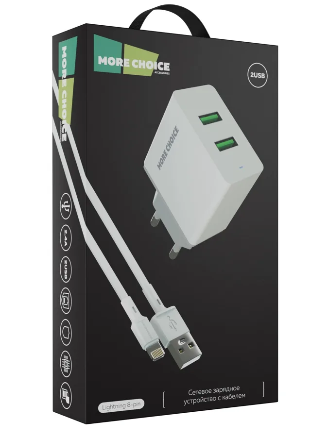 Зарядное устройство сетевое More choice NC11i, 2USB, 2.4A, для Lightning 8-pin, с кабелем, цвет: белый