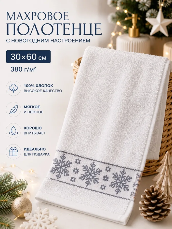 Полотенце F&H Снежинки, махровое, белый, 30х60см