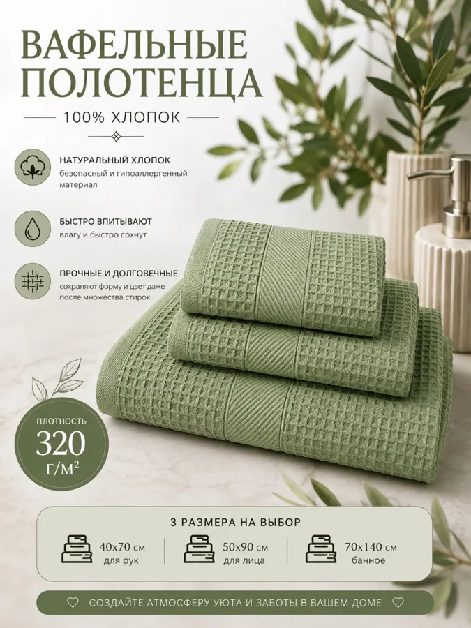 Полотенце F&H Вафля, 70х140 см, оливка