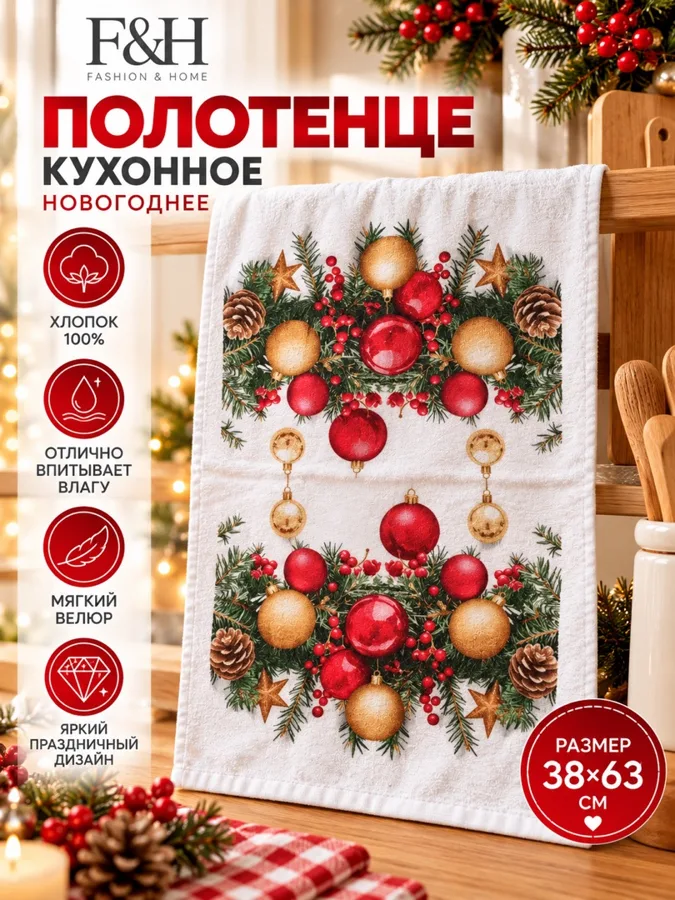 Полотенце F&H Новый год, велюровое, 38х63см