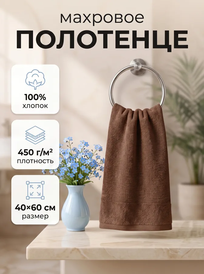 Полотенце махровое F&H Велюр, 40х60 см, шоколад