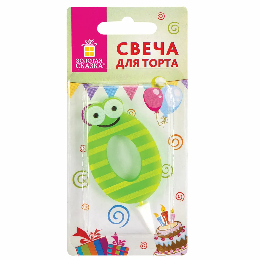Свеча-цифра для торта '0' 'С глазками', 6 см, ЗОЛОТАЯ СКАЗКА, с держателем, в блистере, 591403