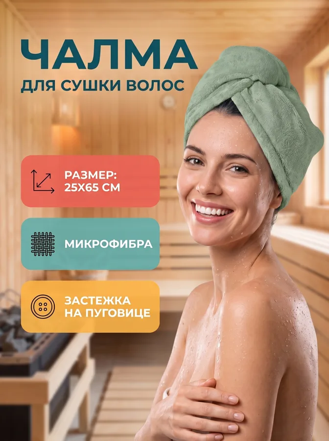 Чалма для сушки волос Bravo Collection, микрофибра, 25х65см, фисташковый