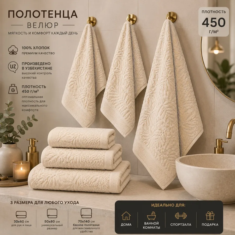 Полотенце махровое F&H Велюр, 30х60см, бежевый