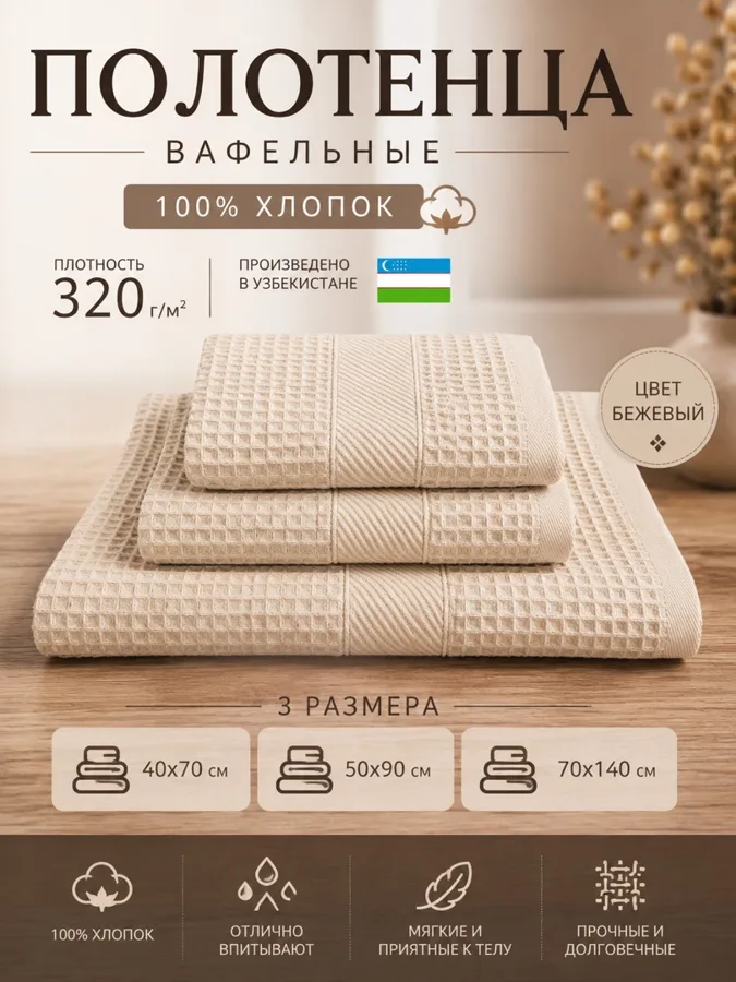 Полотенце F&H Вафля, 40х70 см, бежевый, 1 шт