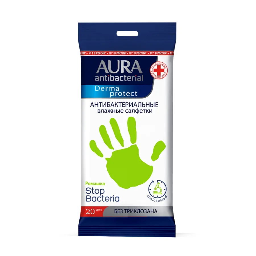 Влажные салфетки Aura Derma Protect, антибактериальные, ромашка, 20шт