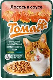 КОРМ ДЛЯ КОШЕК ТОМАС, ЛОСОСЬ, КУРИЦА В СОУСЕ, 75 Г