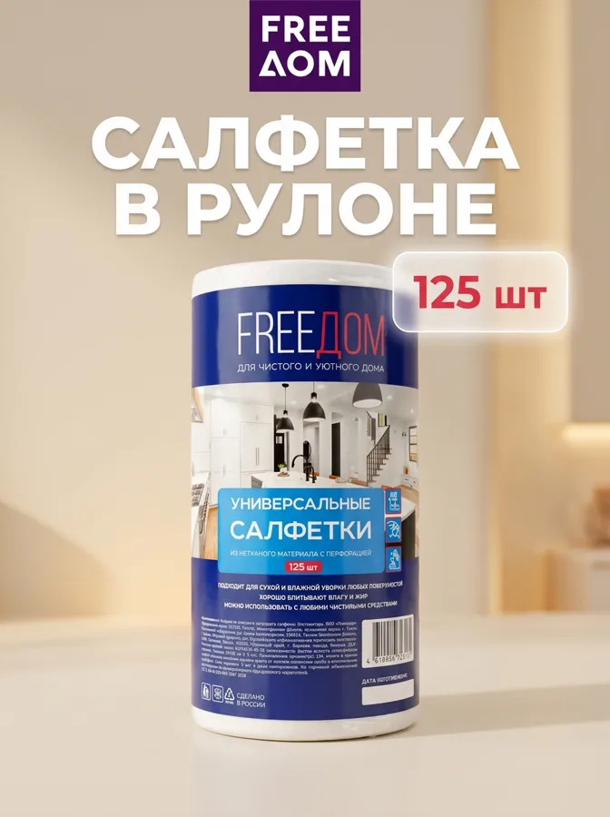 Салфетки в рулоне FreeДом, 125шт., 20x22см