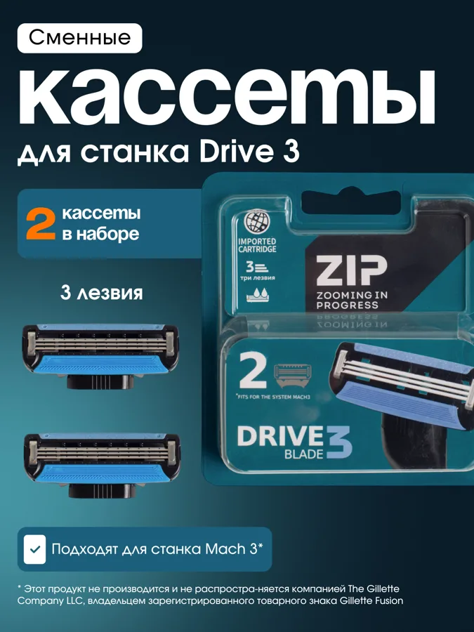 Кассеты сменные для бритвенного станка Zip Drive, 3 лезвия, 2шт