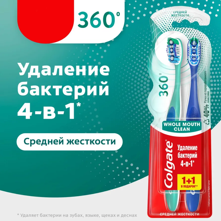 Зубная щетка Colgate 360 Суперчистота всей полости рта, антибактериальная, средняя жесткость, 2 шт, в ассортиме