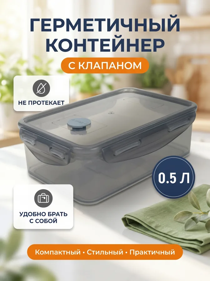 Контейнер герметичный Container, с крышкой и клапаном, 0.5 л, серый