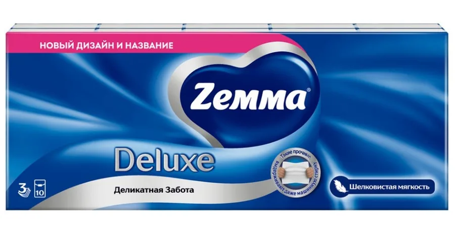 Носовые платочки ZEMMA Deluxe Деликатная Забота, бумажные, трехслойные