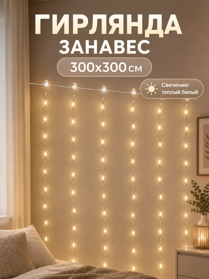 Электрогирлянда Занавес Роса LED, 3x3м, 300 ламп, 5В, 18Вт, 3.6А, теплый белый