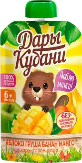 Пюре фруктовое Дары Кубани ЯблокоГрушаБананМанго90г