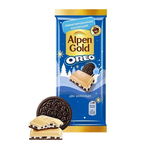 Шоколад Alpen Gold Oreo Два шоколада молочный с белым с начинкой со вкусом ванили и кусочками печень 85г