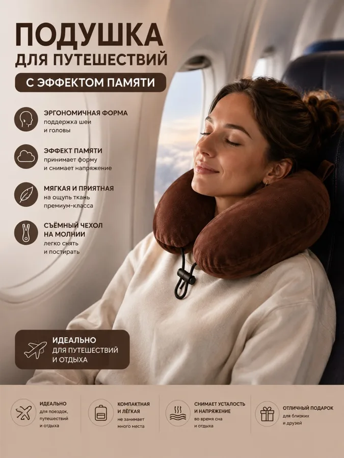 Подушка для путешествий F&H, 29.5x28.5x10.5см, шоколад