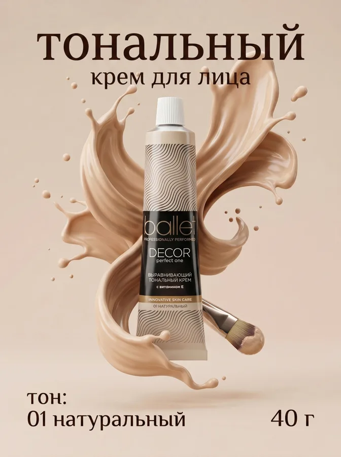 Крем тональный Ballet, выравнивающий, с витамином Е, тон: 01 натуральный, 40г
