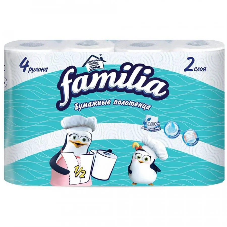 Бумажные полотенца Familia, 2 слоя, 4шт, белые